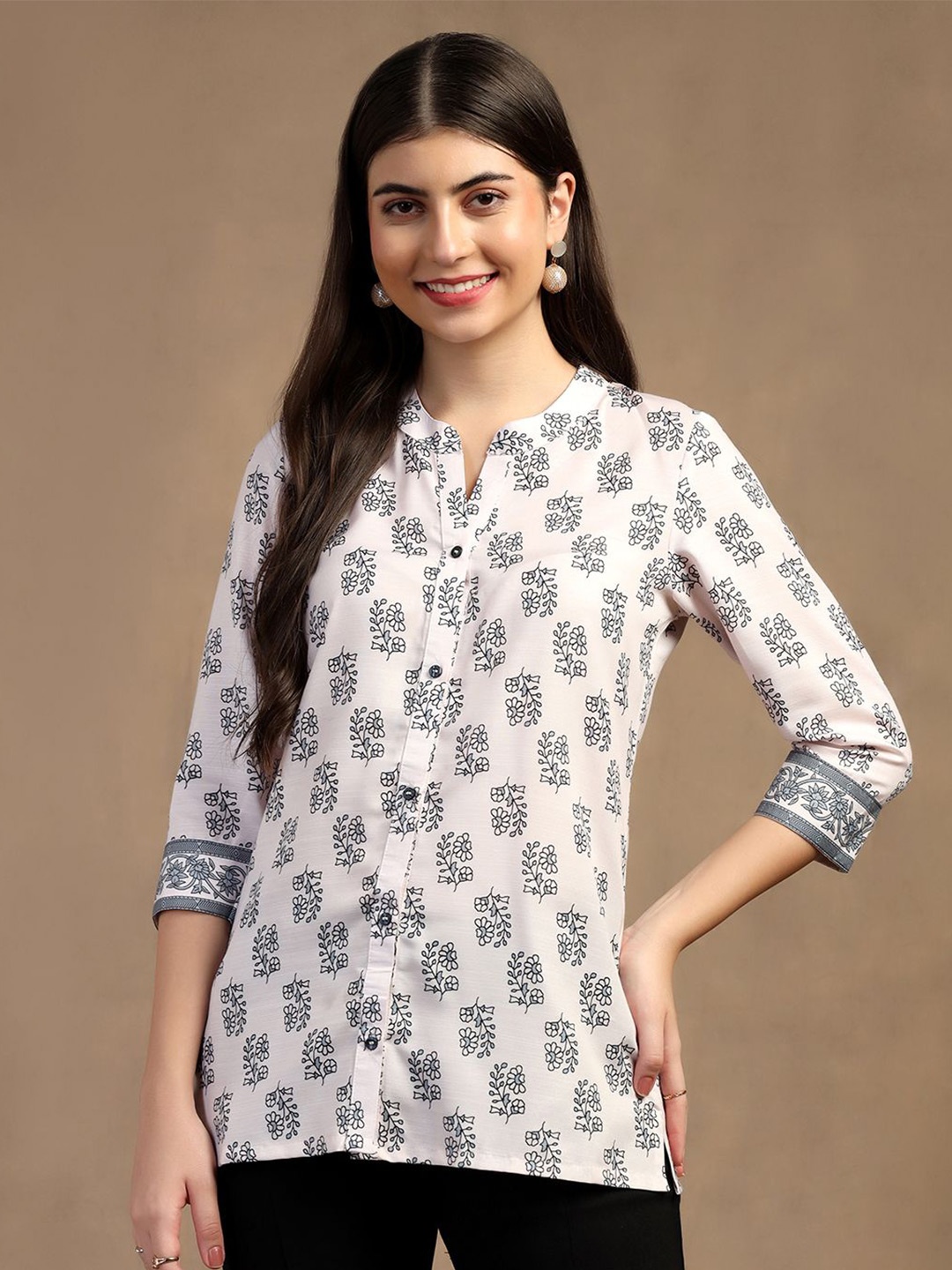 

FASHION DREAM Mandarin Collar Printed Ethnic Tunic, Beige