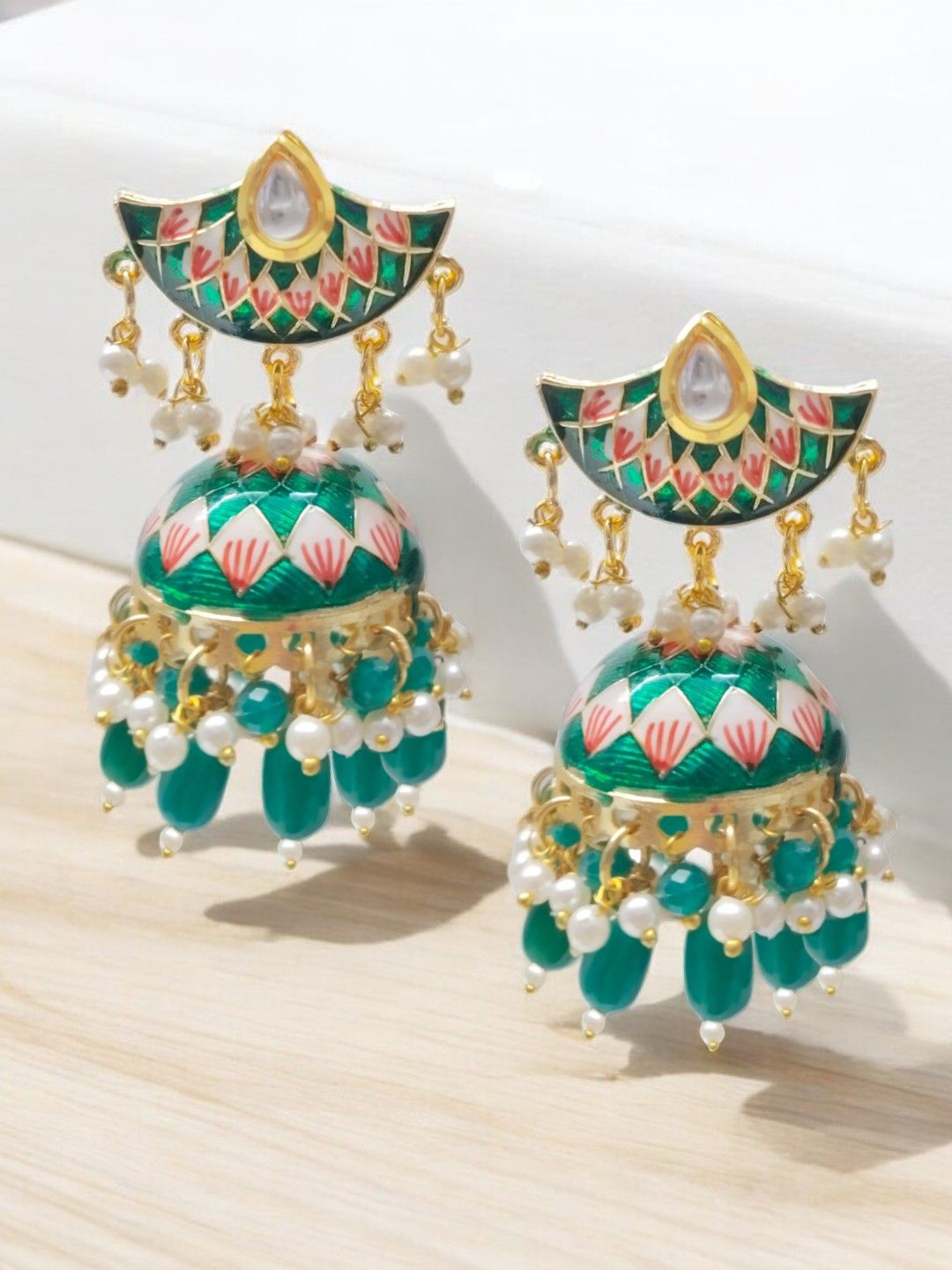 

OOMPH Gold-Plated Dome Shaped Kundan Jhumkas Earrings, Green