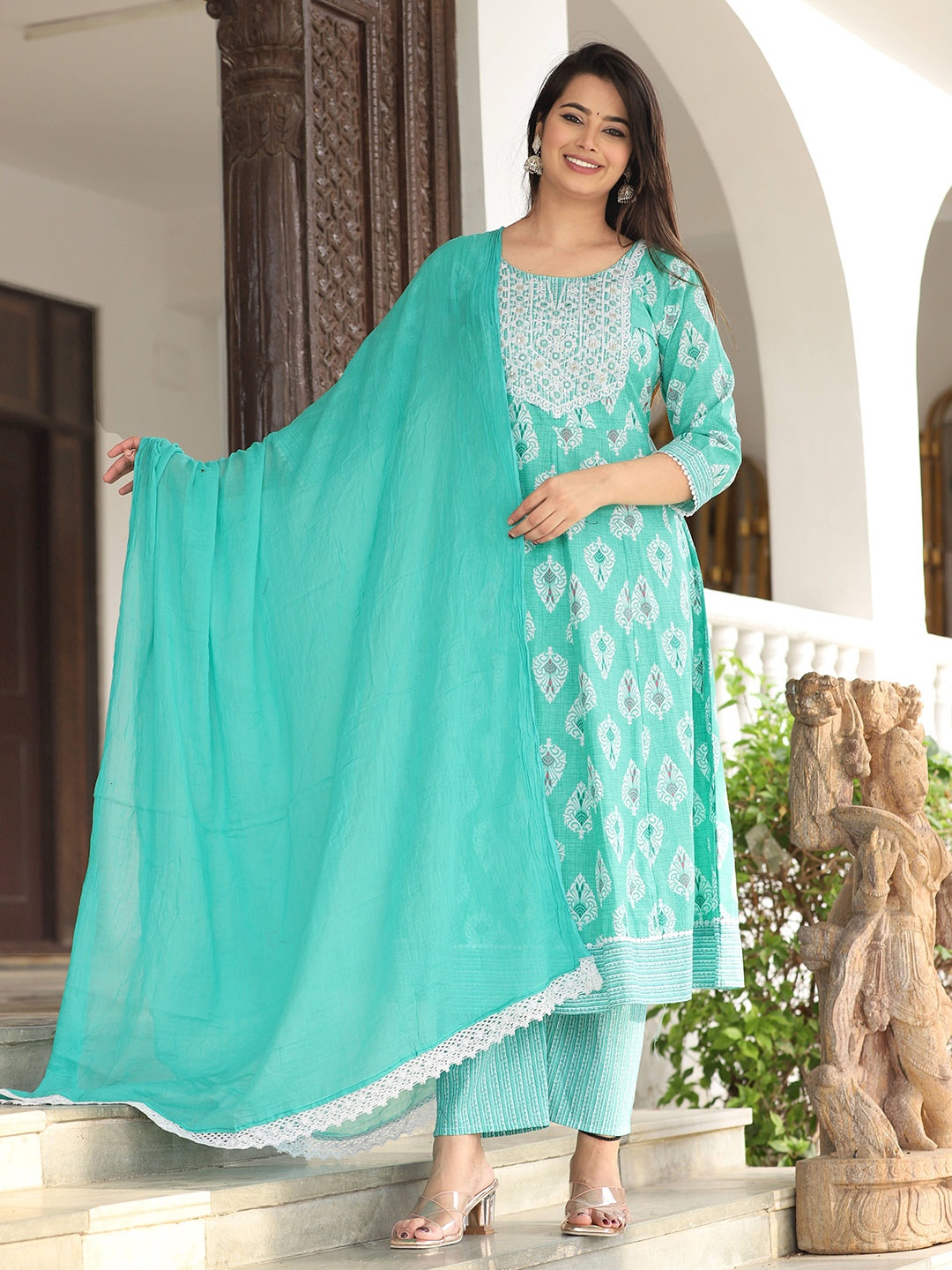 

SINGNI Ethnic Motifs Embroidered Mirror Work Cotton Anarkali Kurta With Trousers & Dupatta, Turquoise blue