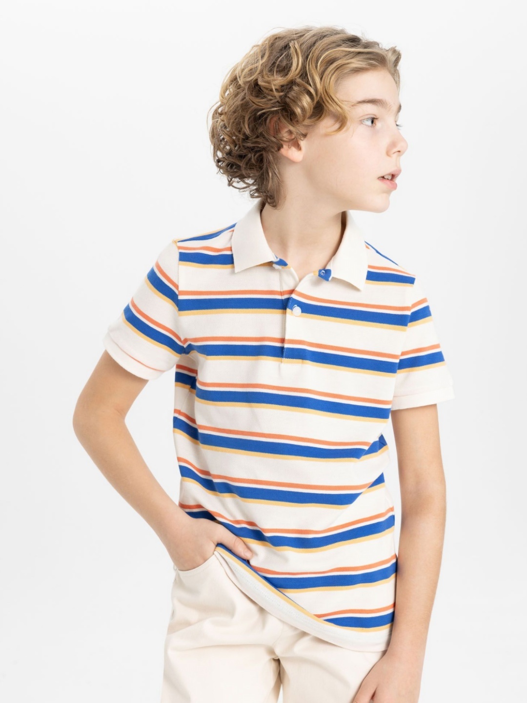 

DeFacto Boys Striped Polo Collar Cotton T-shirt, White