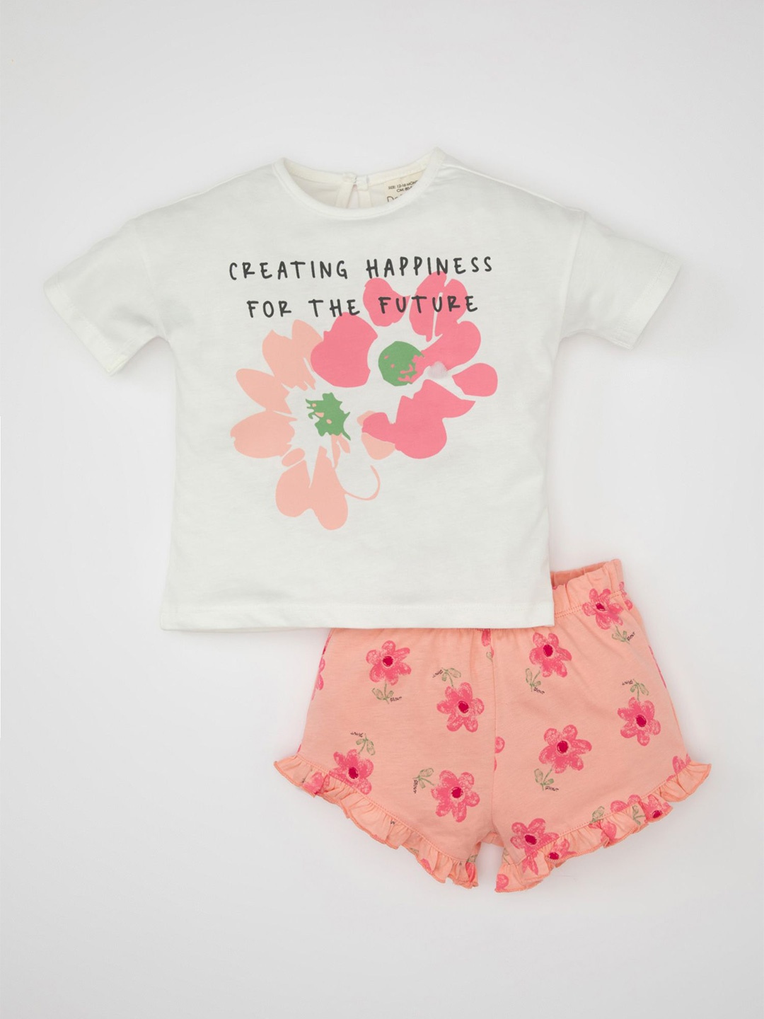 

DeFacto Girls Floral Printed Pure Cotton Top with Shorts, White