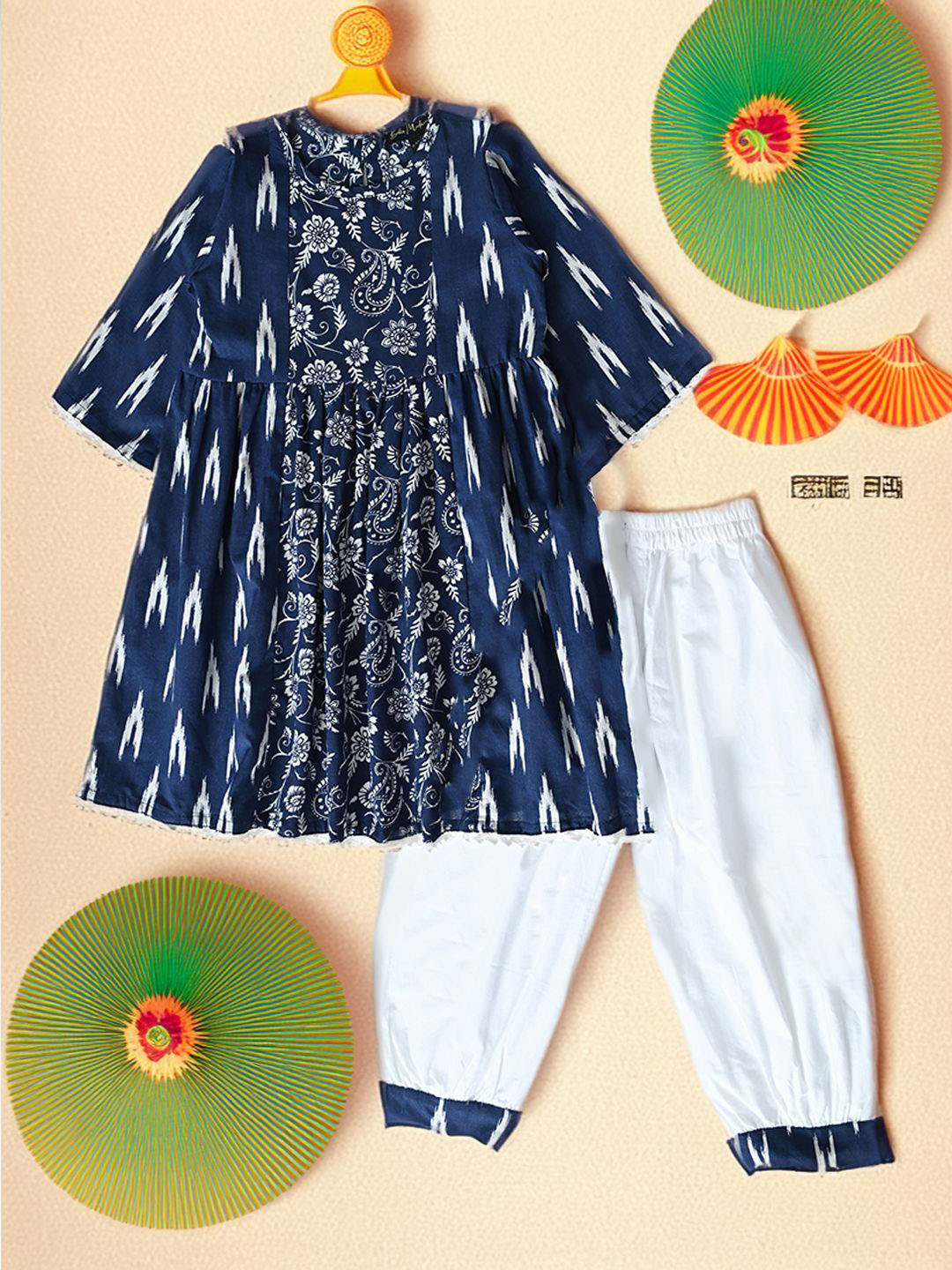 

Bella Moda Girls Ethnic Motifs Printed A-Line Kurti with Salwar, Blue