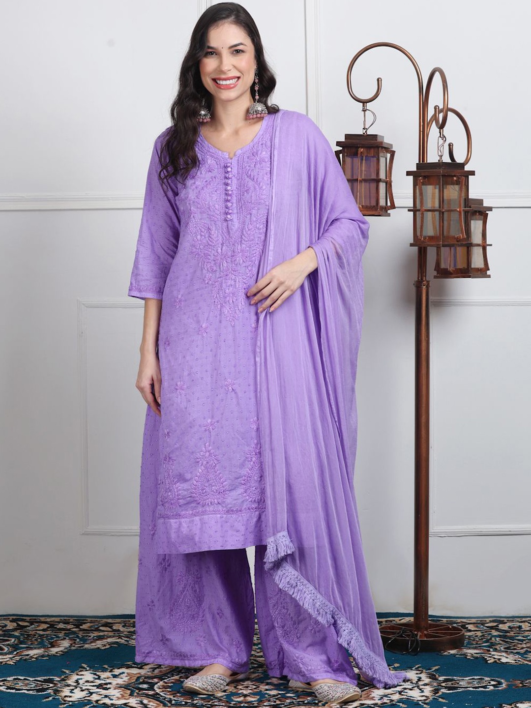 

KHAKA Floral Embroidered Chikankari Pure Cotton Kurta with Palazzos & Dupatta, Lavender