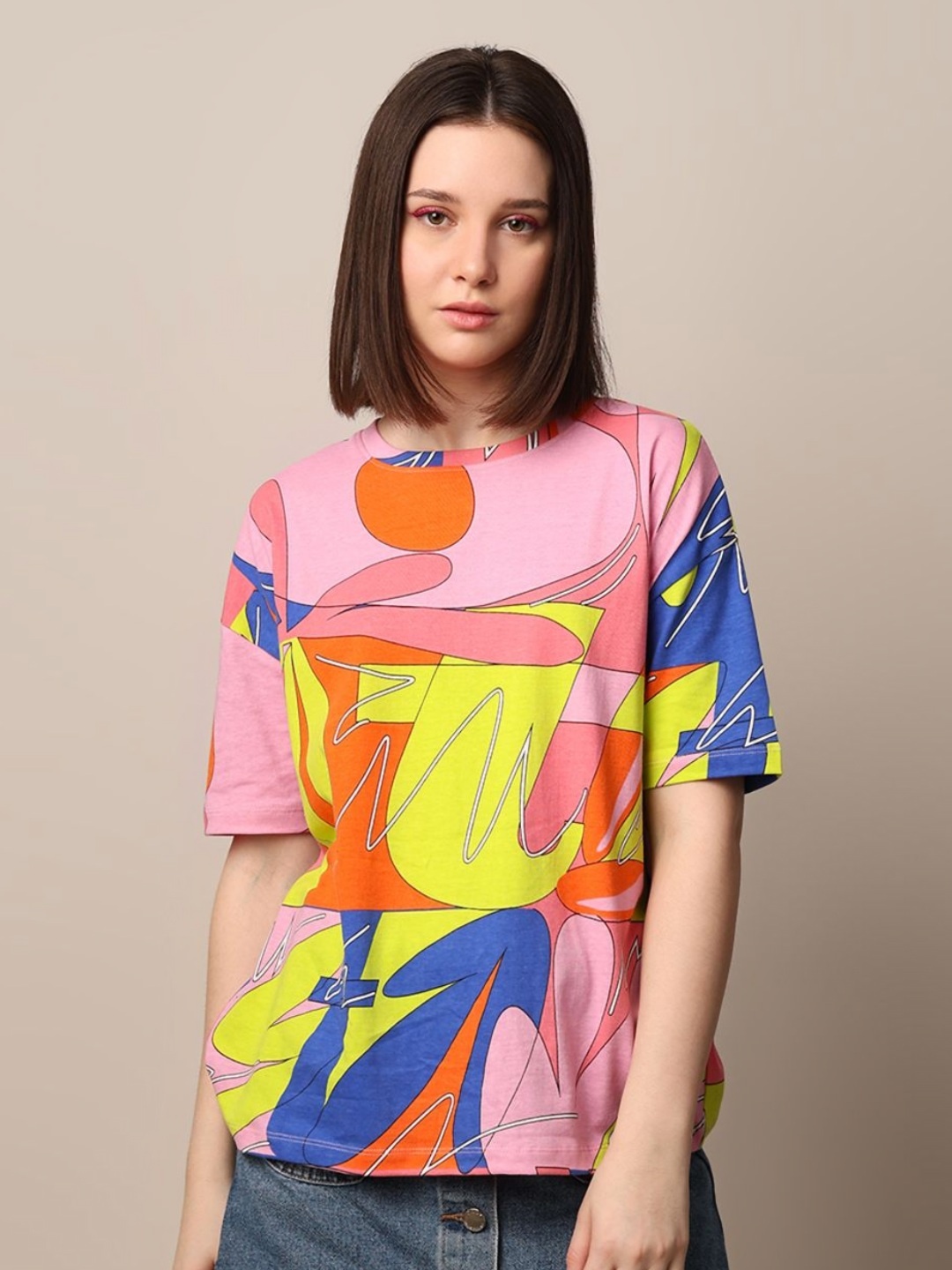 

ONLY Women Graphic Printed Round Neck Cotton Oversized T-shirt, Pink