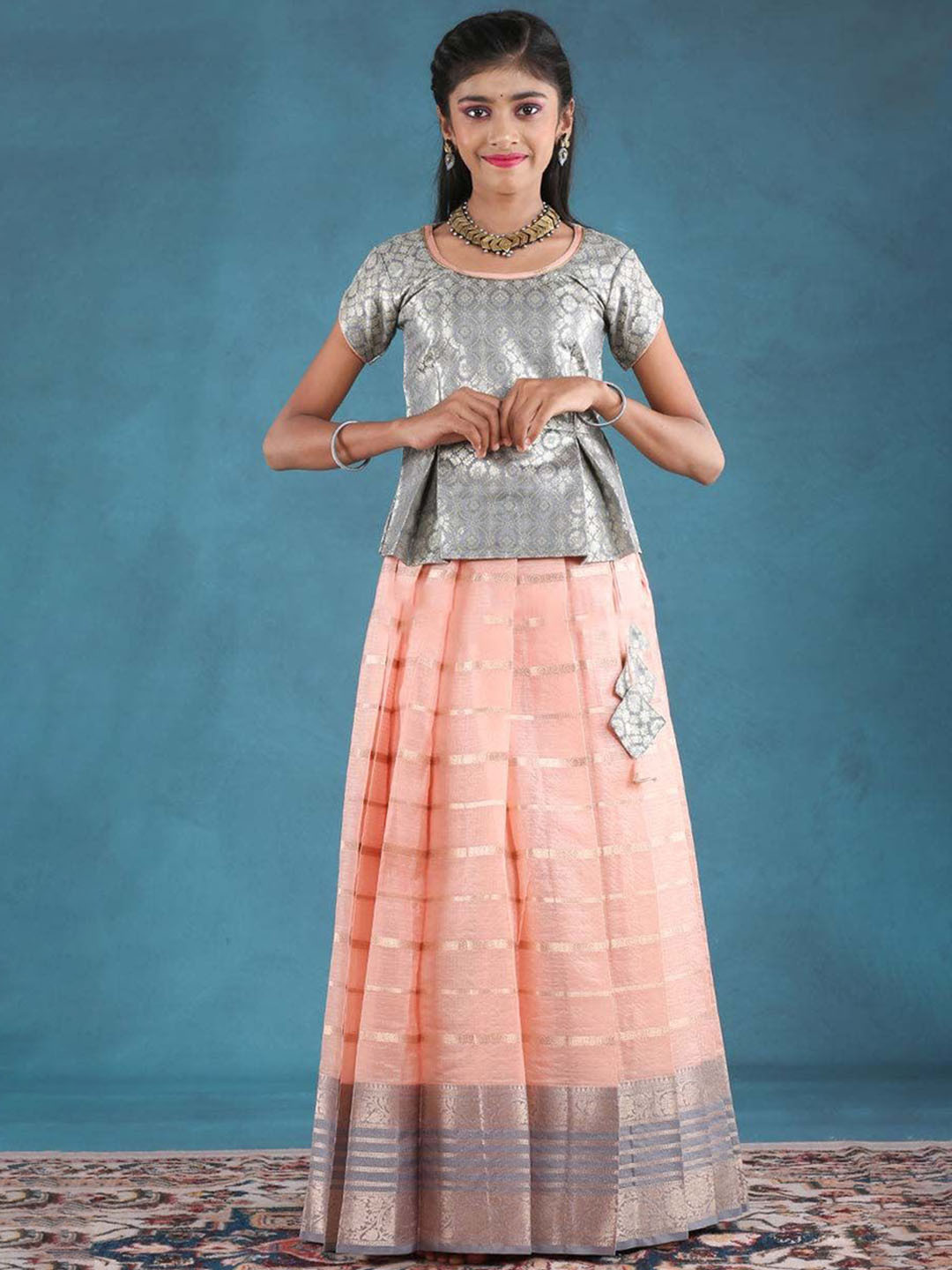 

SHIVANGI clothing Girls Round Neck Short Slevees Lehenga Choli, Peach