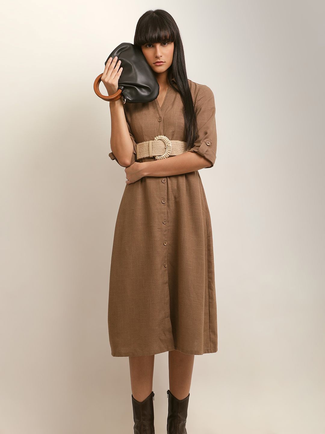 

Vero Moda Shirt Collar Roll-Up Sleeves Formal A-line Midi Dress, Brown