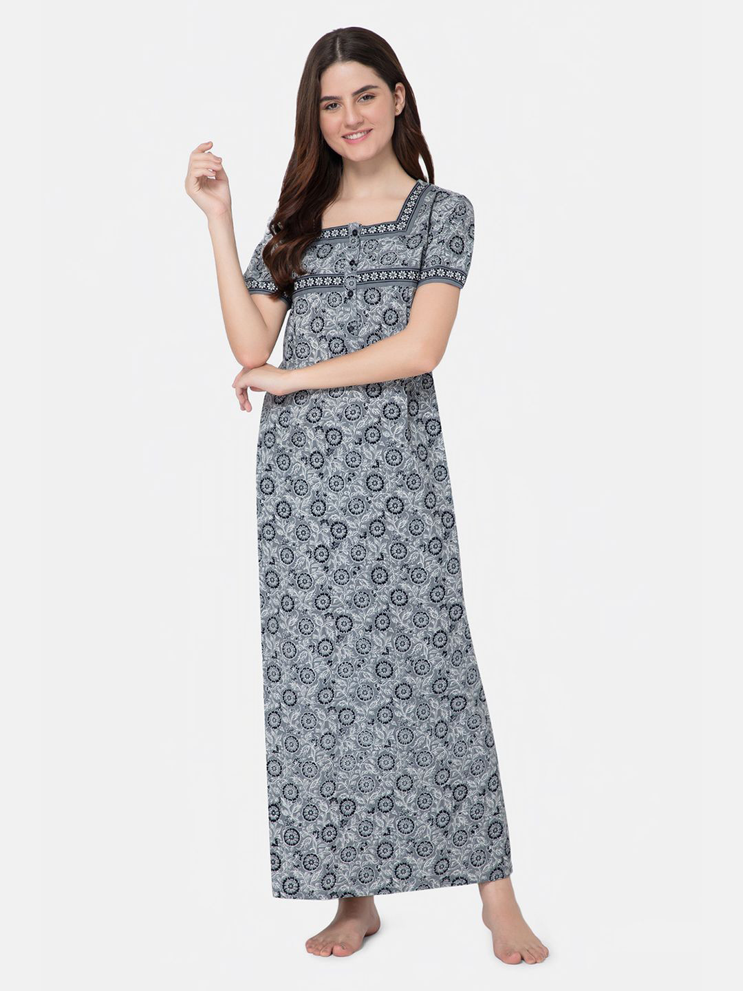 

NAIDU HALL Women Pure Cotton Printed Maxi Nightdress, Grey