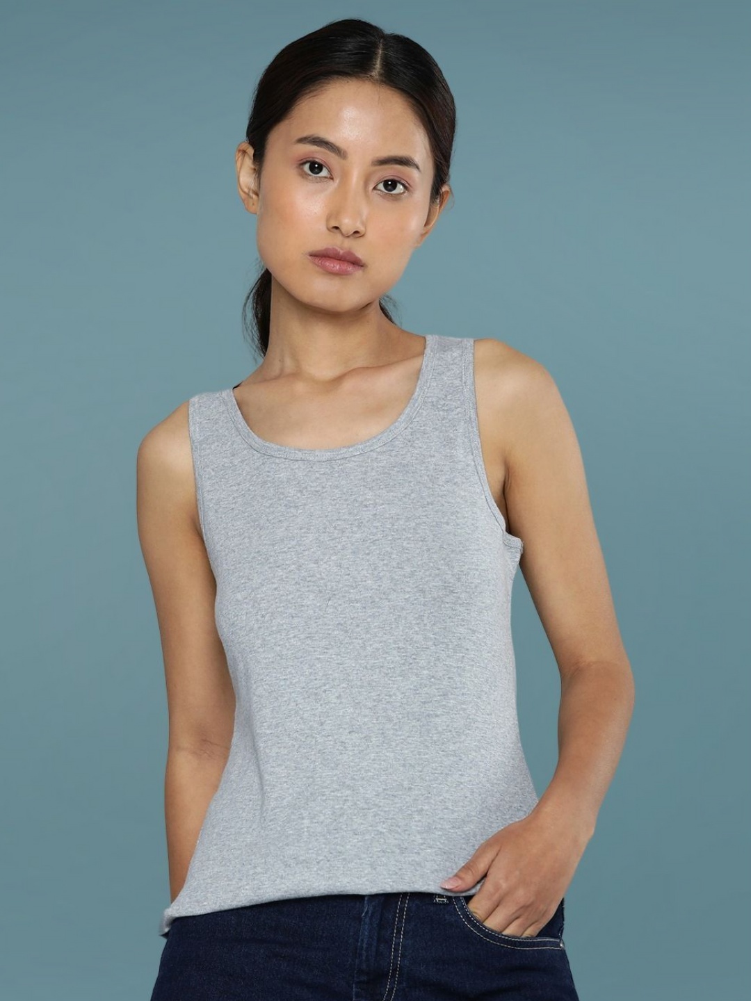 

DressBerry Women Solid Round Neck Cotton Slim Fit T-shirt, Grey melange