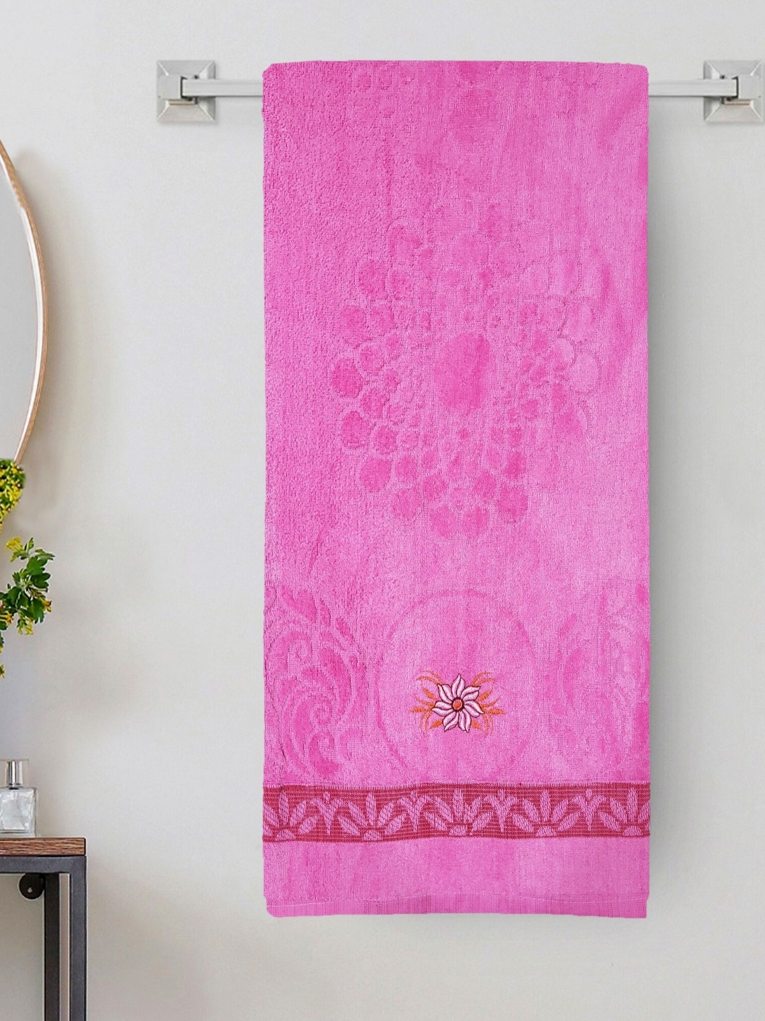 

ANA Pink & Green Floral Embroided 300 GSM Cotton Bath Towel