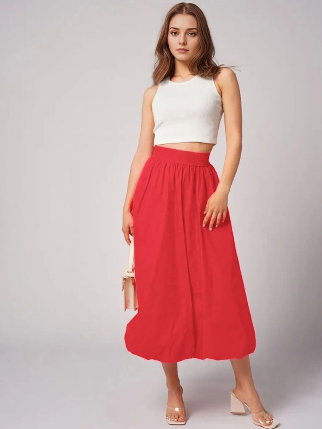 

KPOP Solid A-Line Maxi Slip-On Skirt, Red