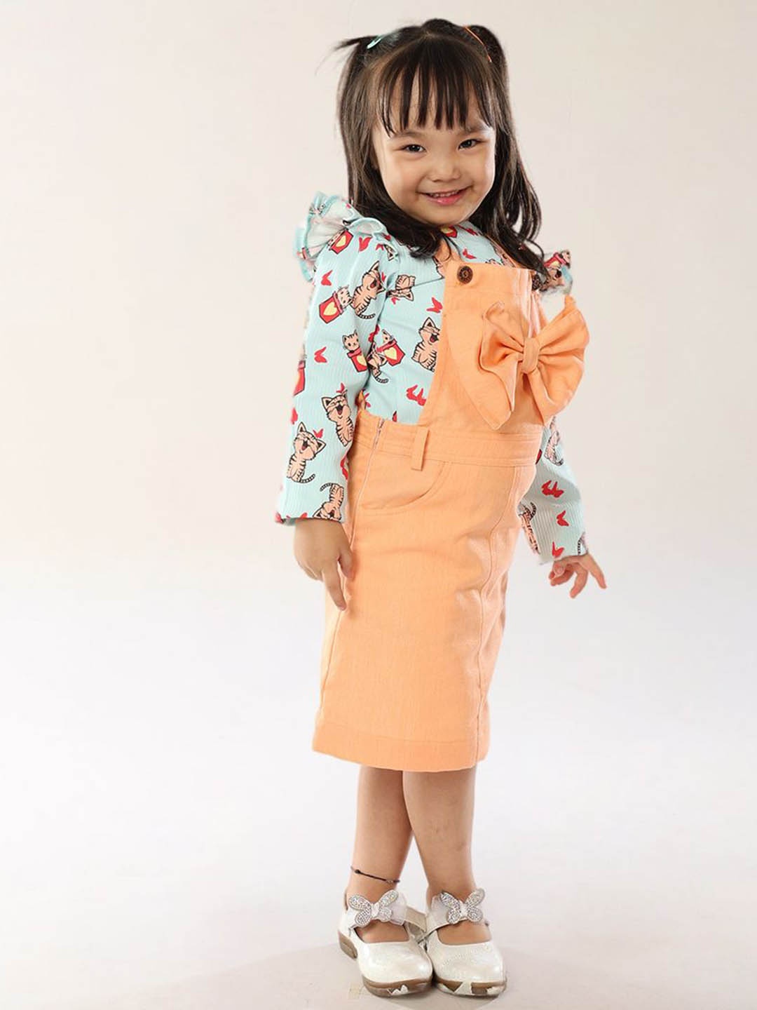 

BAESD Girls Pure Cotton Conversational Printed Dungaree With T-Shirt, Orange