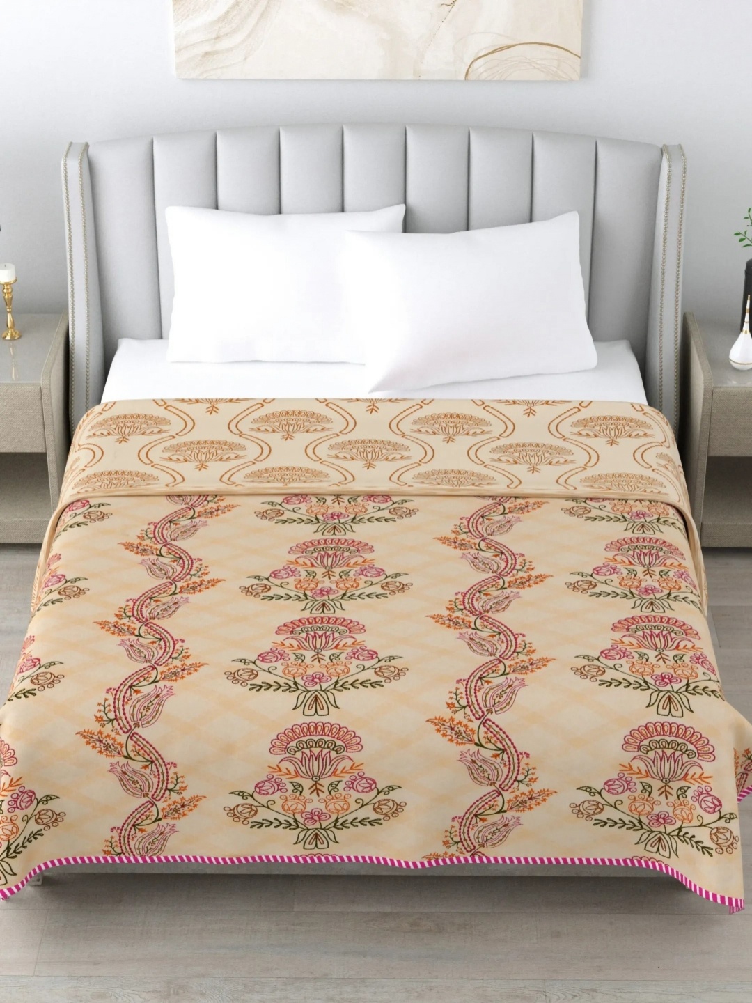 

LIVING ROOTS Beige Floral Printed AC Room 210 GSM Reversible Cotton Double Bed Dohar