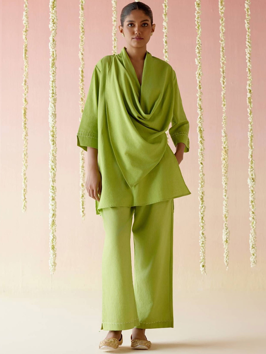 

NERO Shawl Neck Draped Pure Cotton Top With Trouser, Green