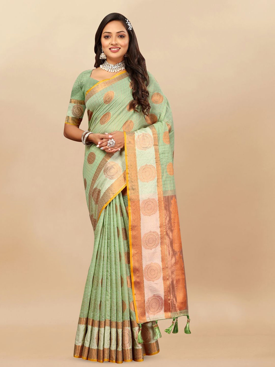 

MOKSHA DESIGNS Woven Design Zari Pure Linen Kanjeevaram Saree, Green