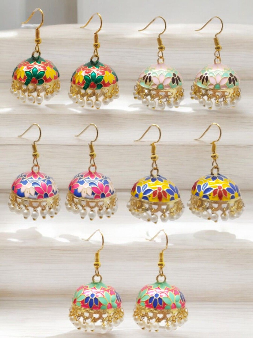 

OOMPH Set Of 5 Dome Shaped Meenakari Jhumkas Earrings, Red