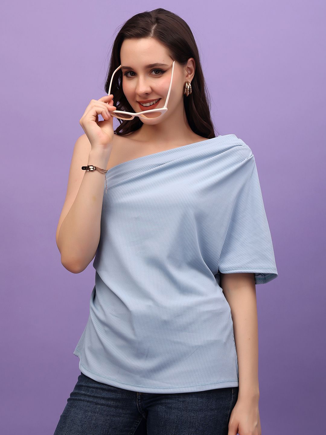 

MINOS Women Solid Boat Neck Top, Blue