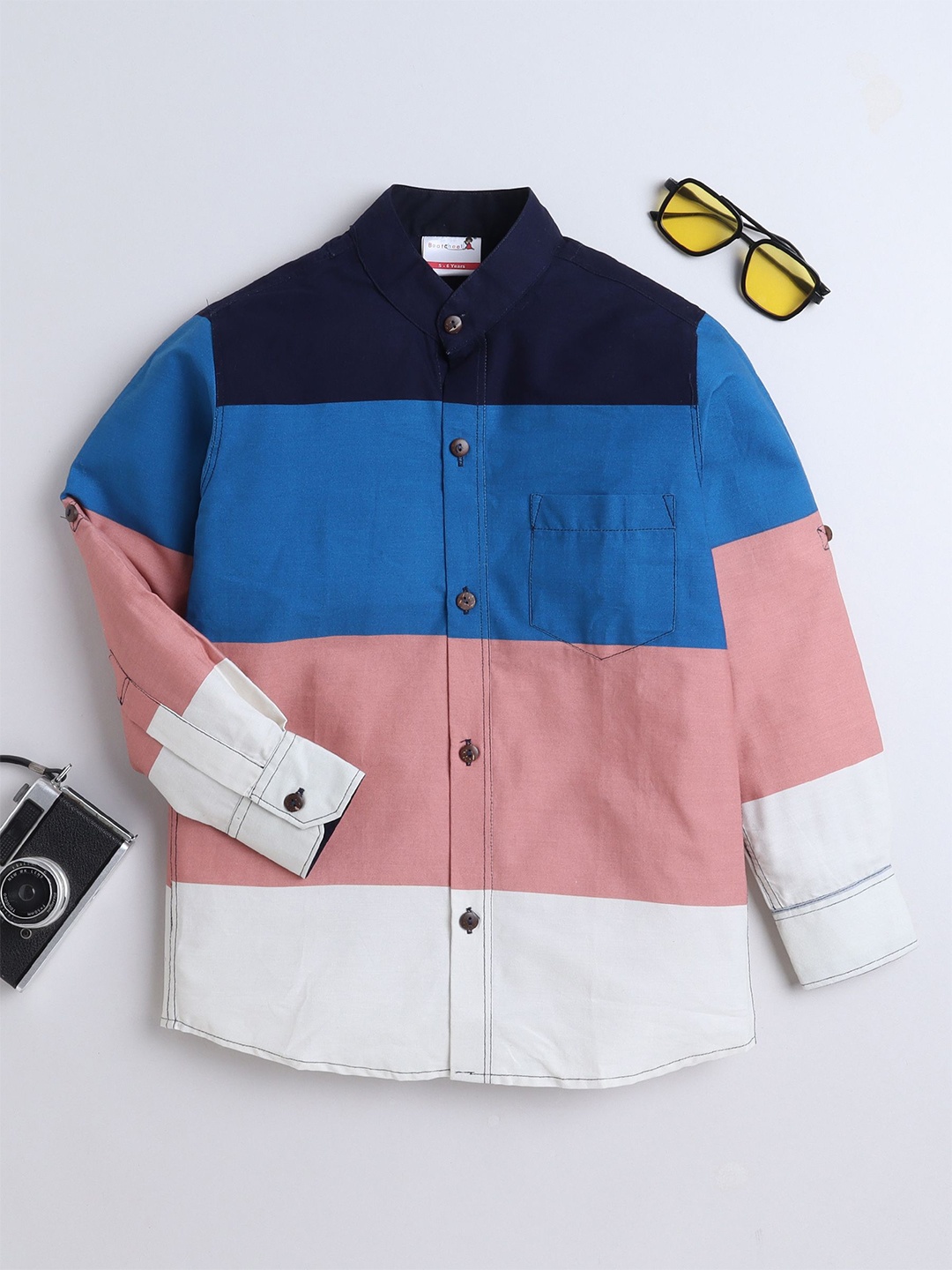 

BAATCHEET Boys Band Collar Colourblocked Cotton Casual Shirt, Navy blue