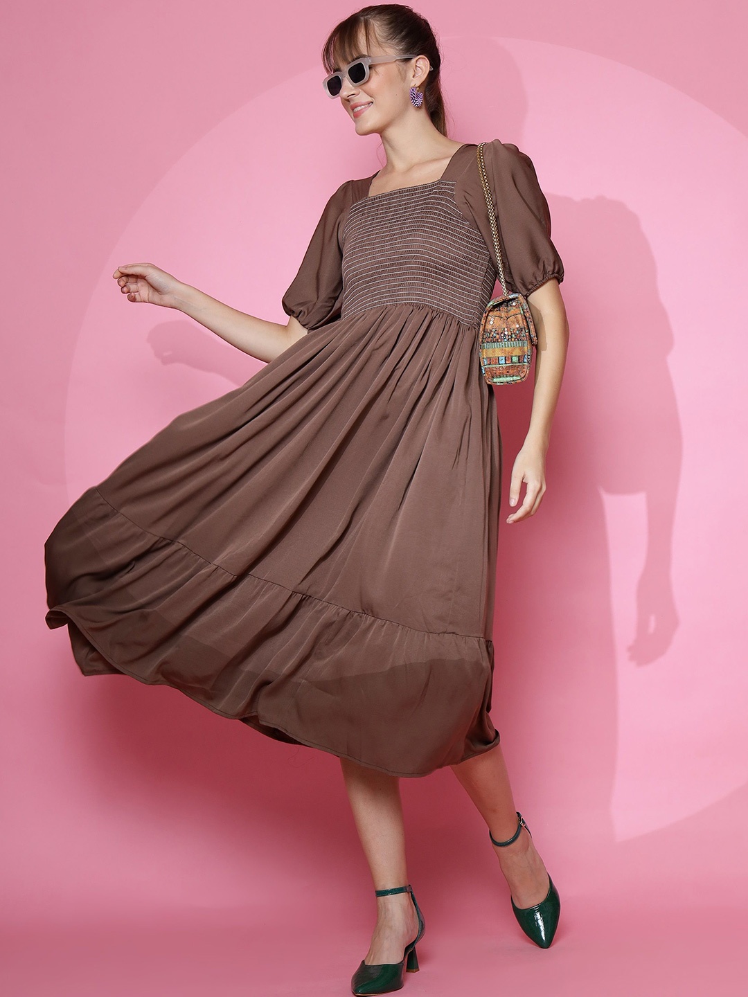 

SHEETAL Associates Solid Fit & Flare Midi Dress, Brown