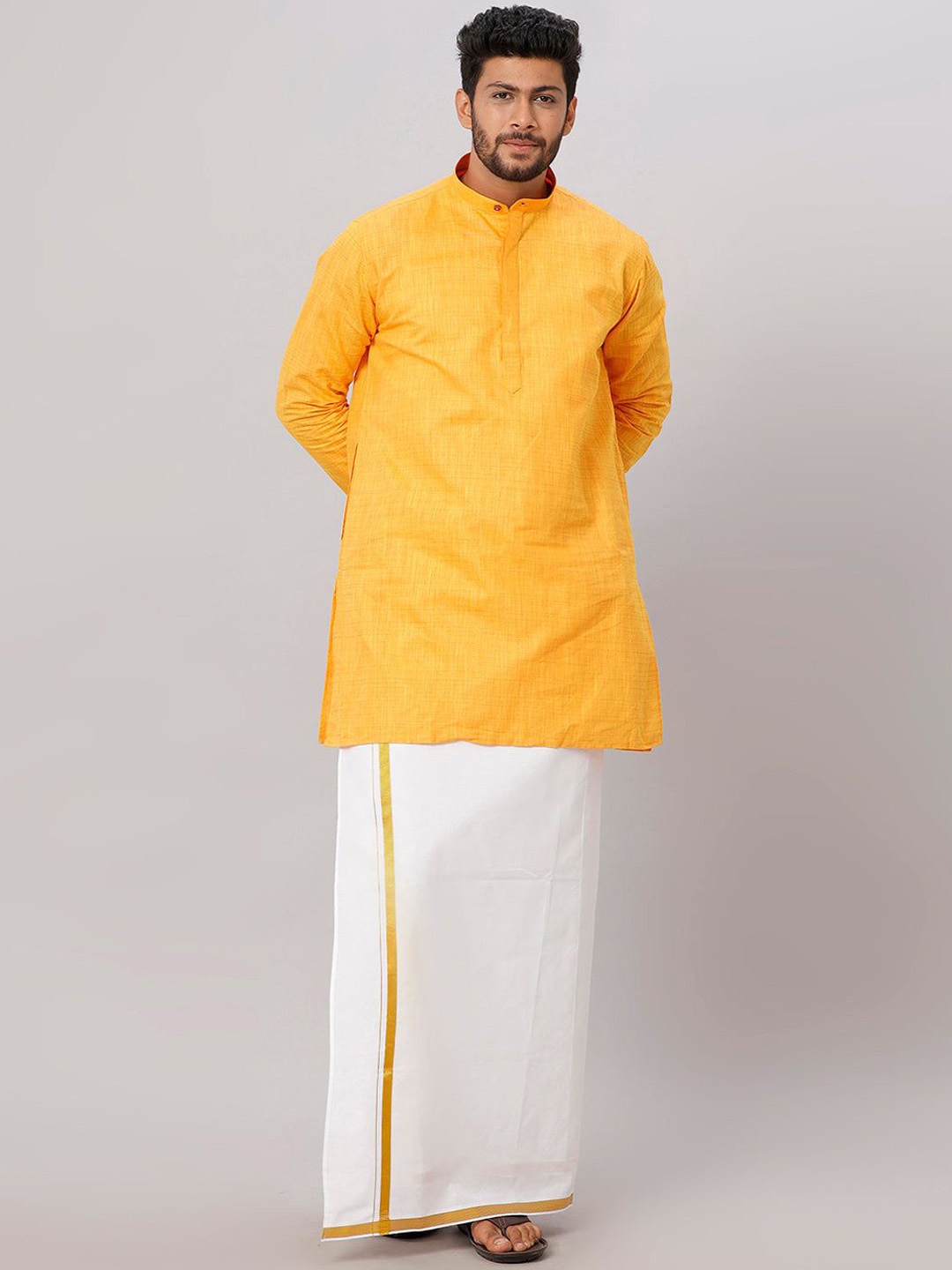 

Ramraj Mandarin Collar Pure Cotton Straight Kurta With Golden Zari Dhoti, Yellow