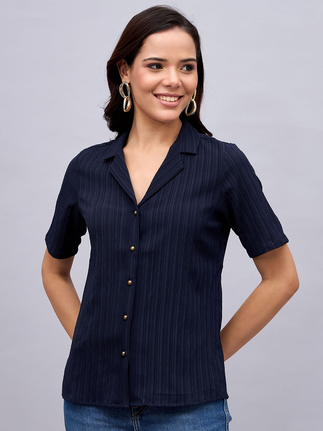 

STYLE BLUSH Women Solid Lapel Collar Top, Navy blue