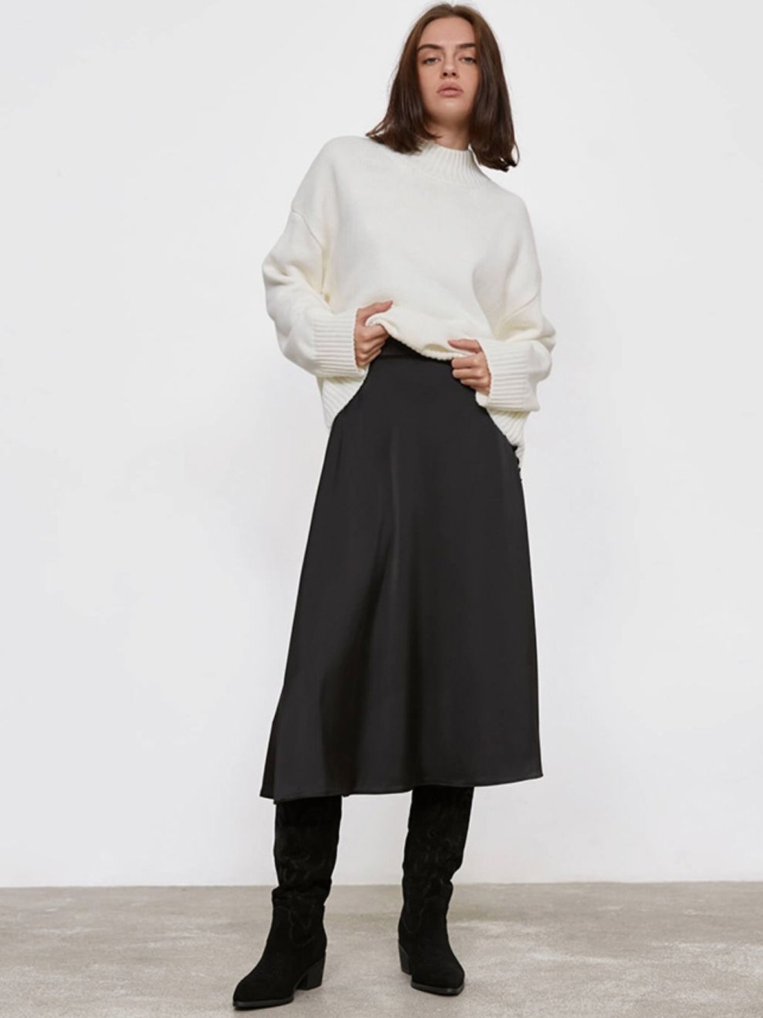 

KPOP Women Solid A-Line Midi Slip-On Skirt, Black