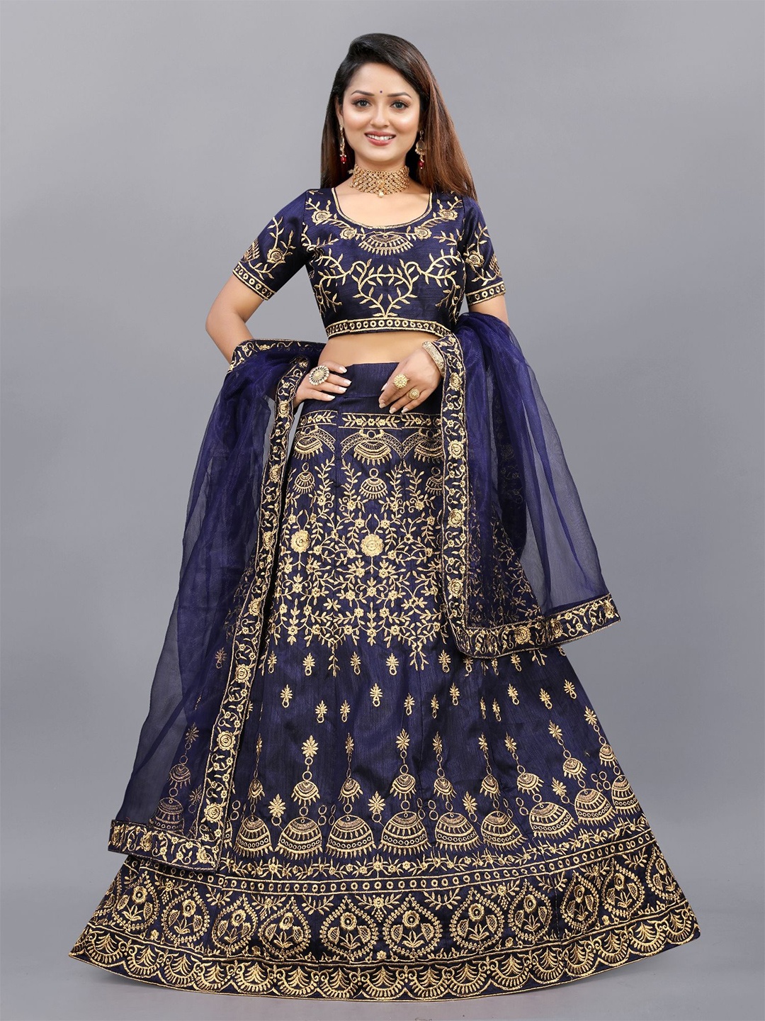 

APNISHA Embroidered Semi Stitched Lehenga & Unstitched Blouse With Dupatta, Navy blue