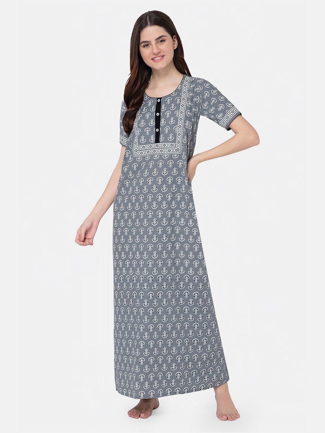 

NAIDU HALL Women Pure Cotton Printed Maxi Nightdress, Grey