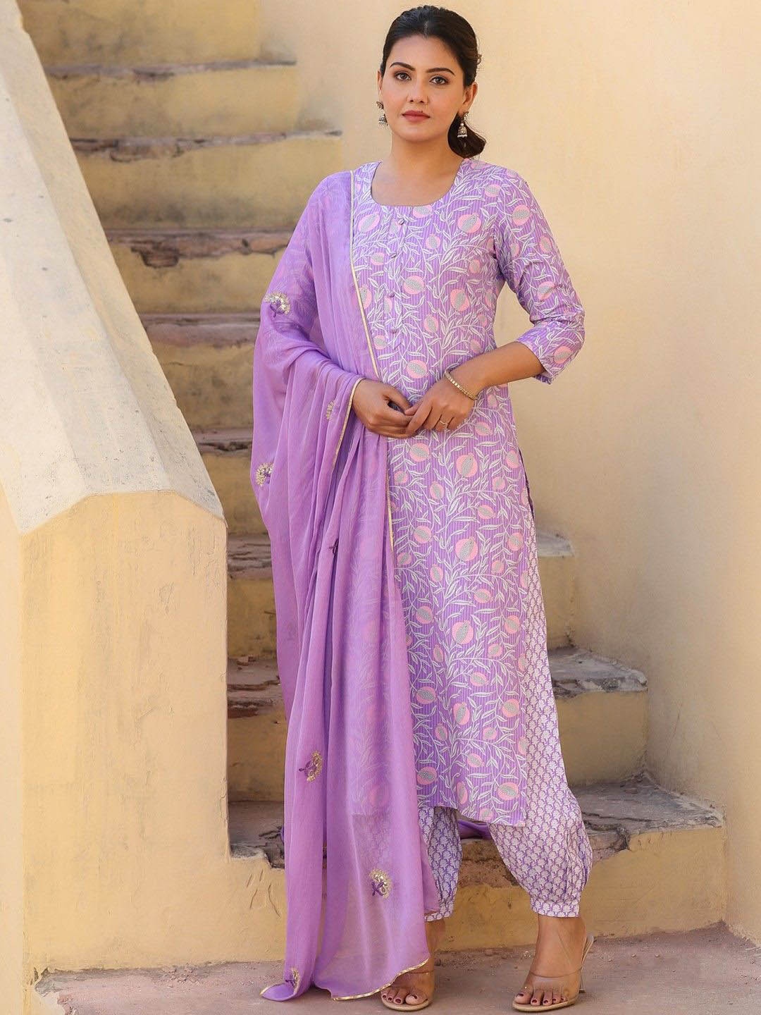 

Anni Designer Floral Printed Regular Straight Kurta with Harem Pants & Dupatta, Purple