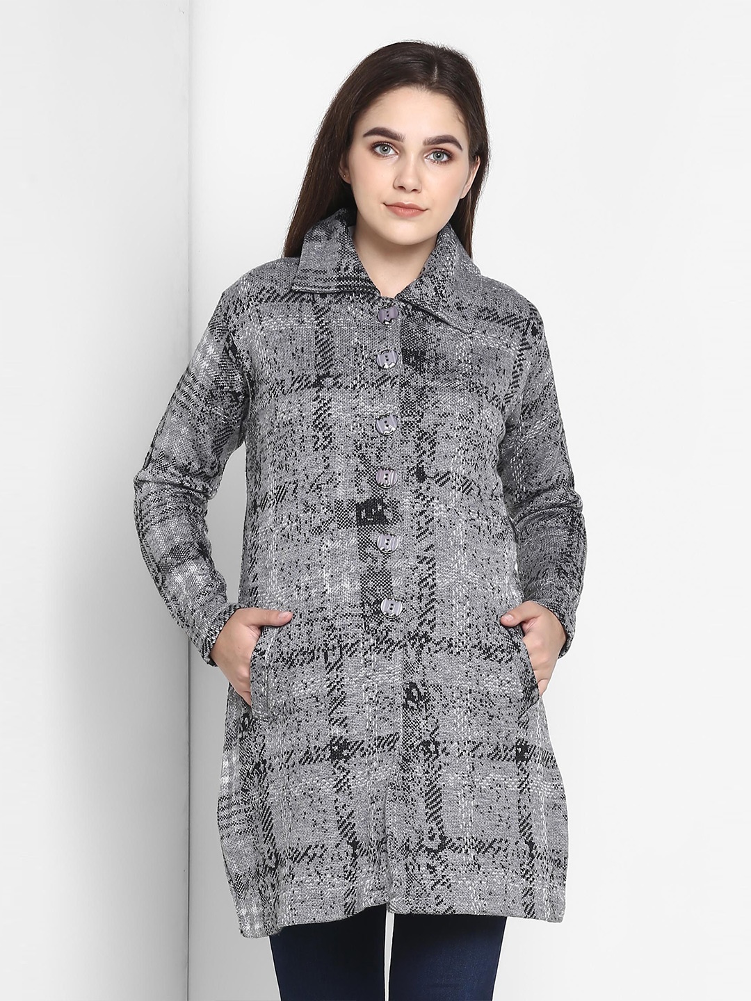 

PIVL Women Self Design Longline Cardigan, Grey