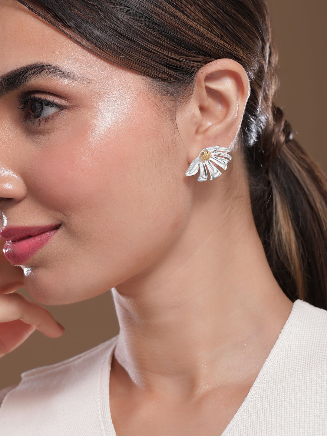 

Rubans Silver-Plated Floral Design Statement Stud Earrings with Gold-Toned Center