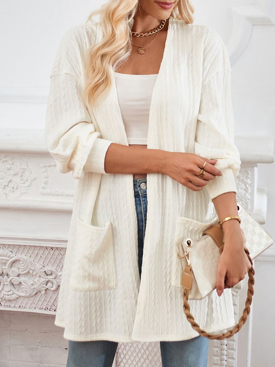 

StyleCast White Self Design Open Front Shrug