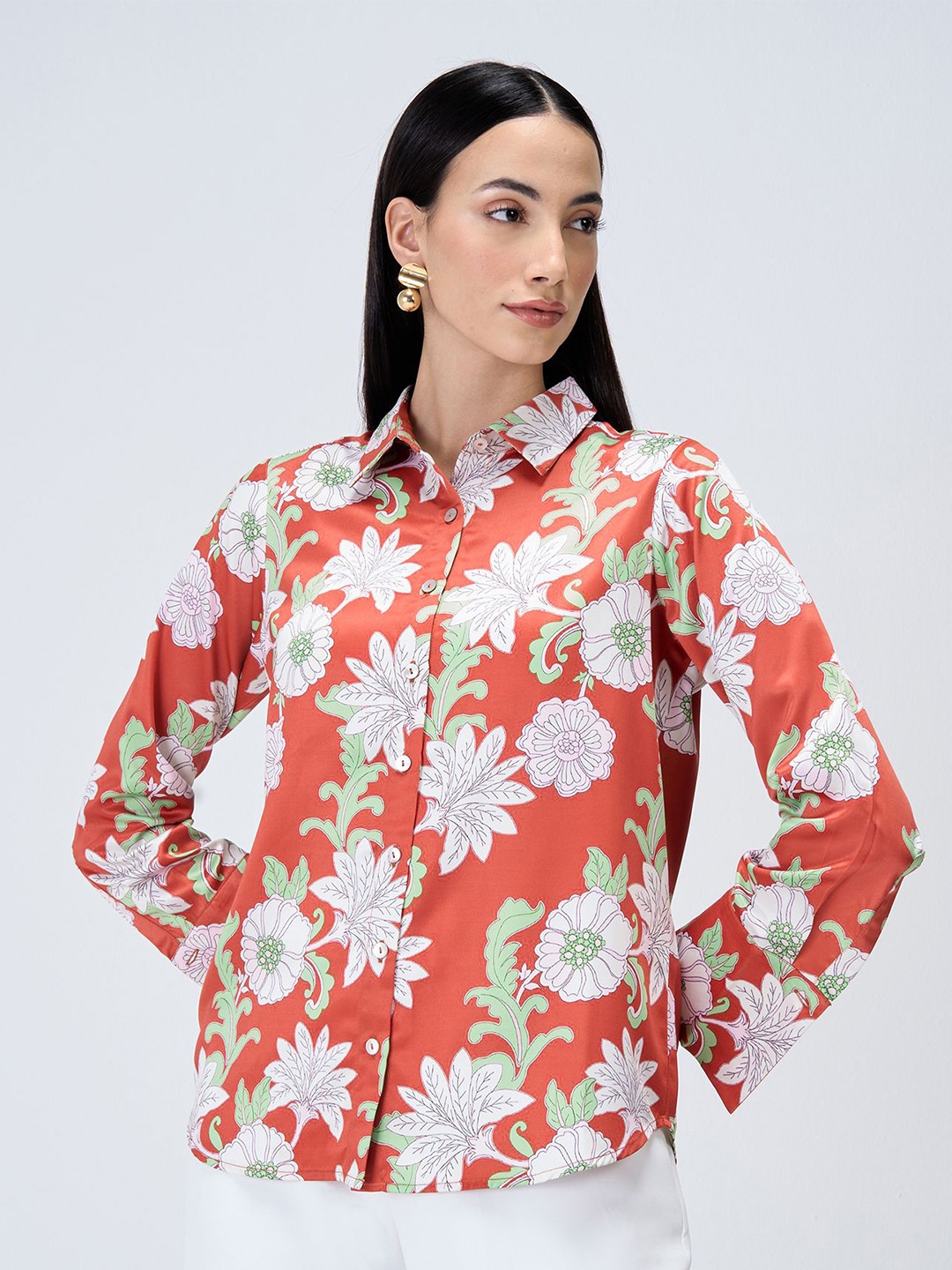 

SALT ATTIRE Women Classic Spread Collar Floral Printed Casual Shirt, Maroon