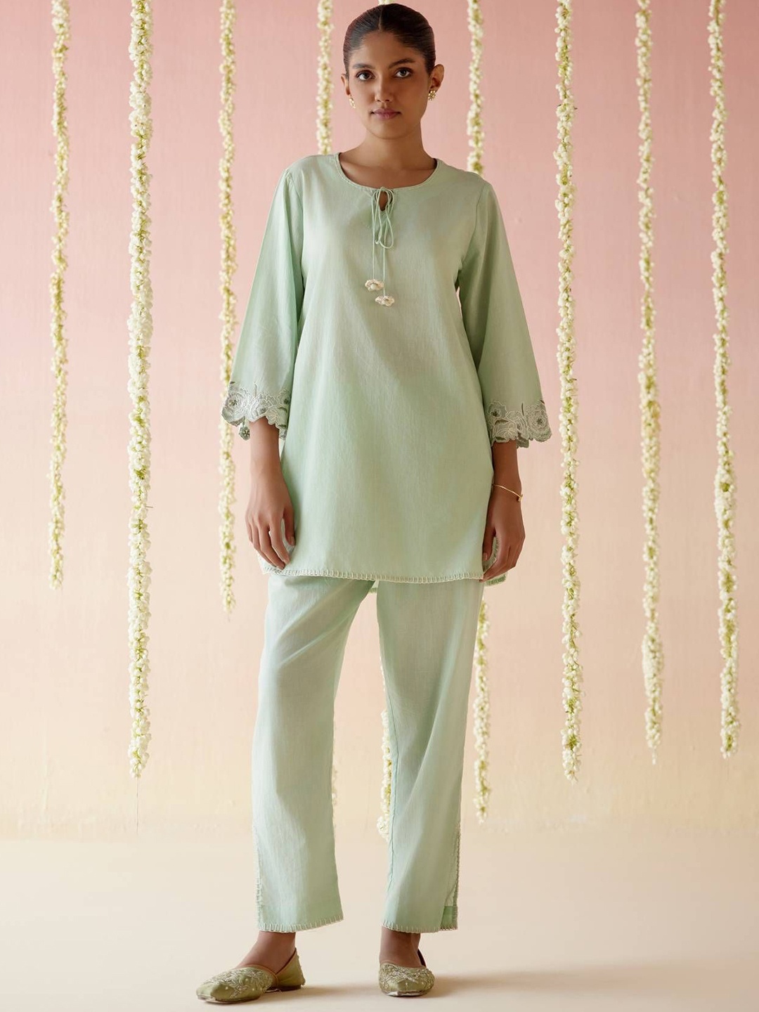 

NERO Embroidered Pure Cotton Top With Trousers, Sea green