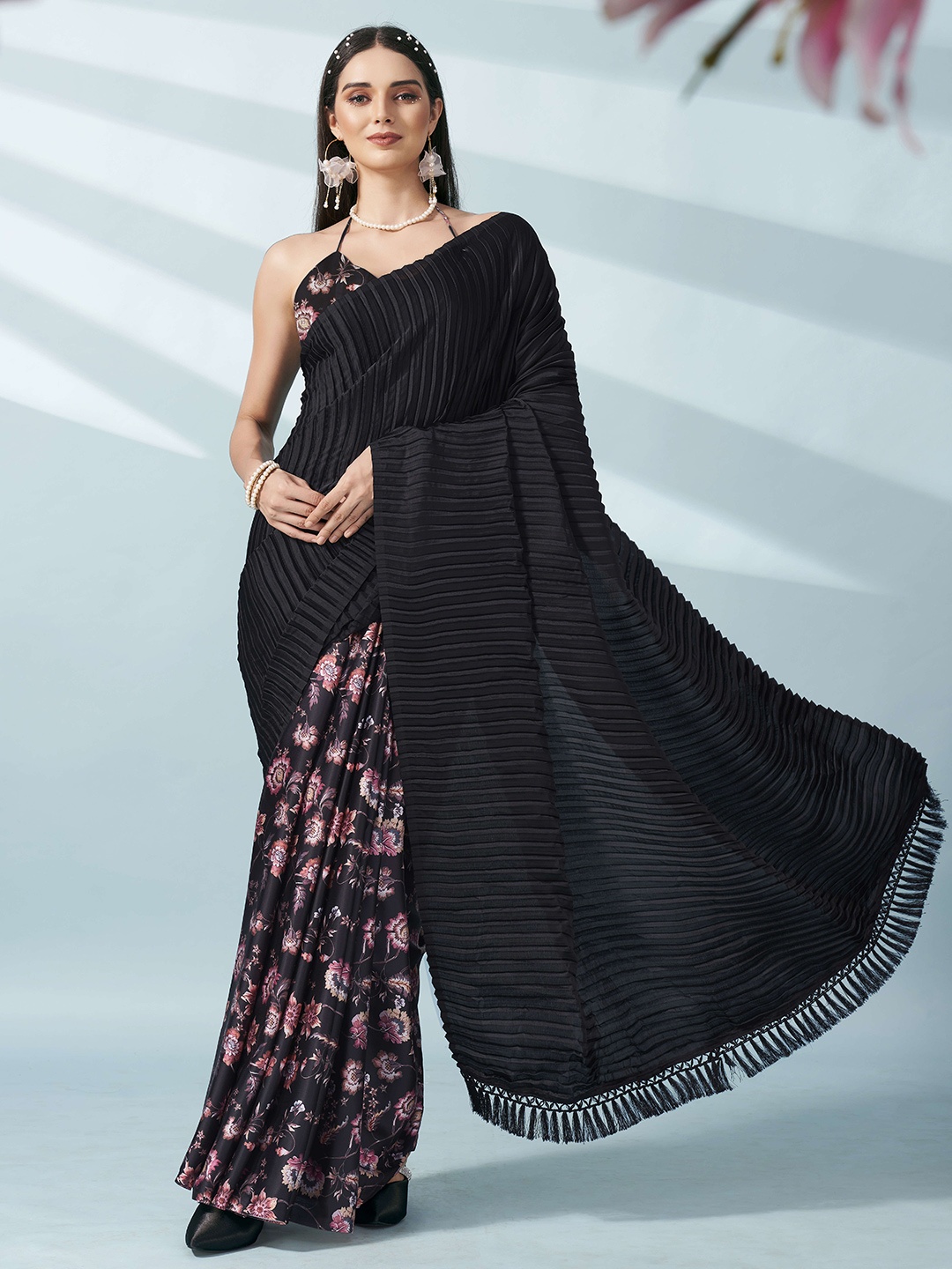 

Tikhi Imli Floral PrintedHalf and Half Saree Party Wear Saree, Black