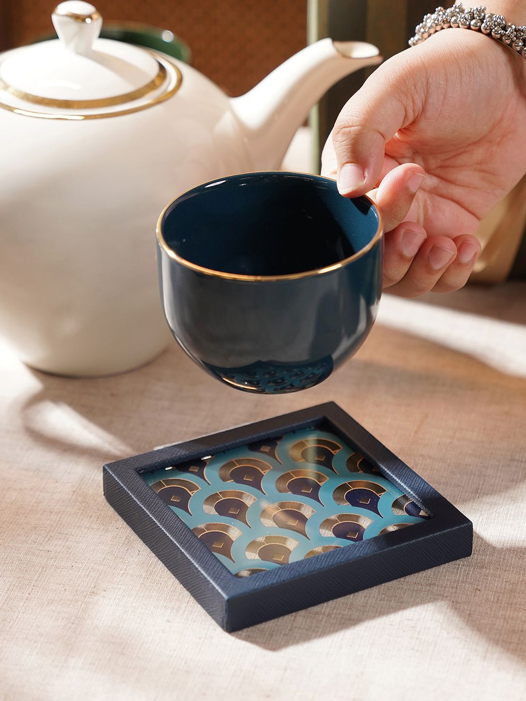 

Pure Home and Living Blue & Beige Printed Square Leather Coasters