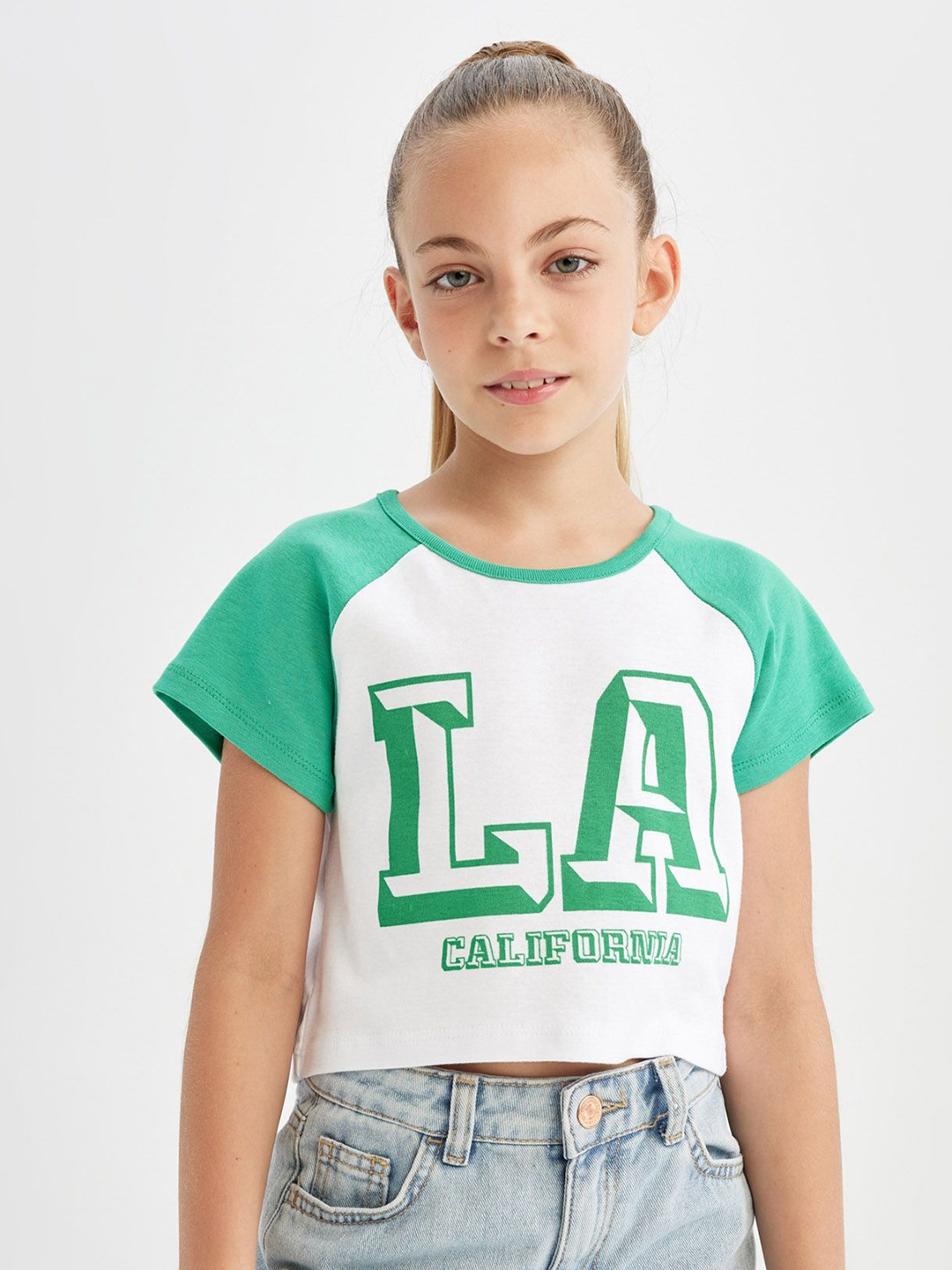 

DeFacto Girls Typography Printed Round Neck Cotton T-shirt, Green
