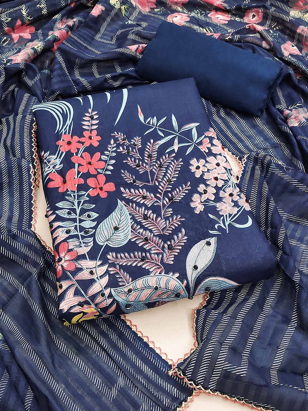 

Peachmode Floral Printed Beads & Stones Pure Cotton Unstitched Dress Material, Blue