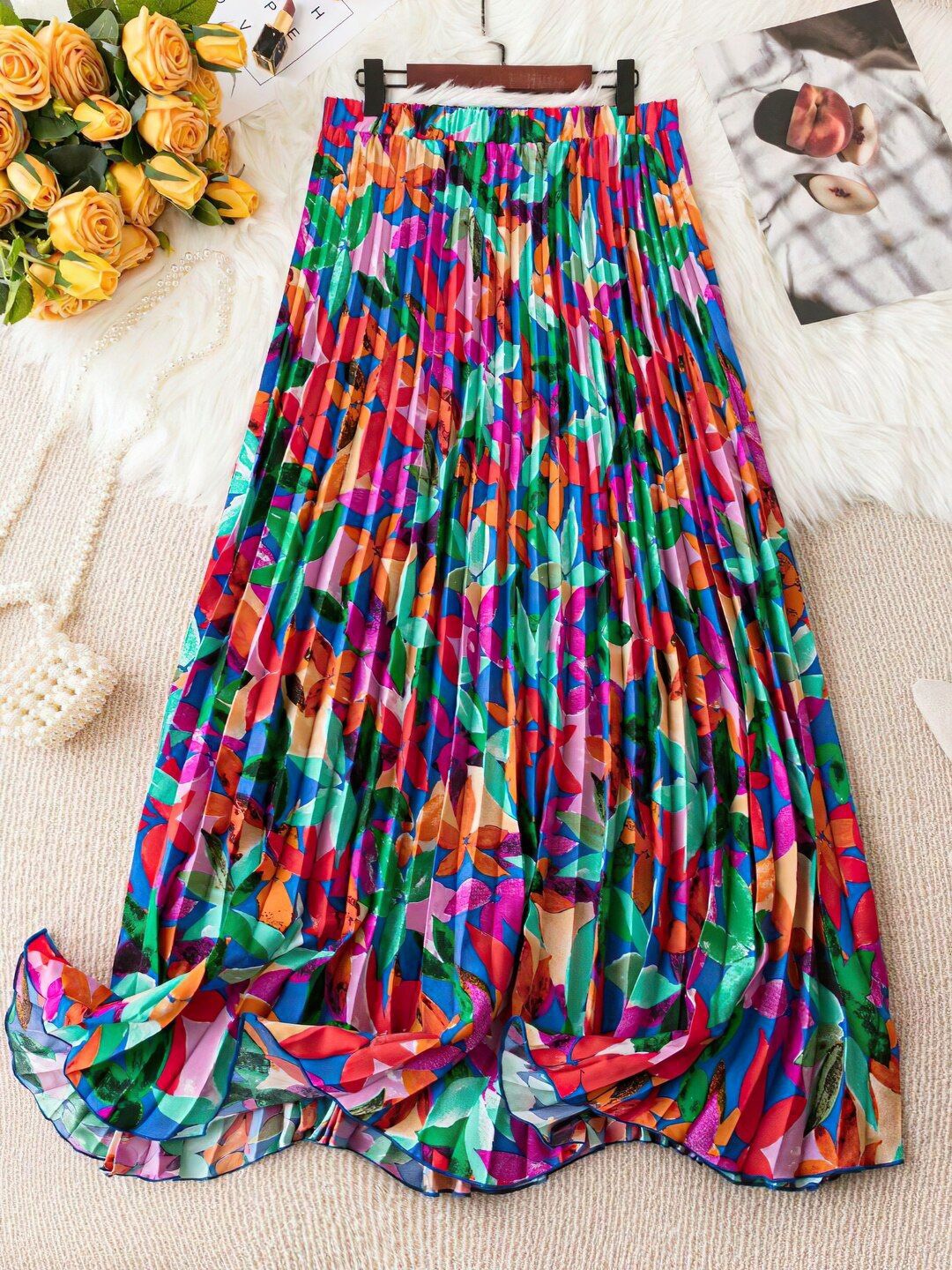 

OTABU Printed Accordion Pleated Flared Maxi Skirt, Multi