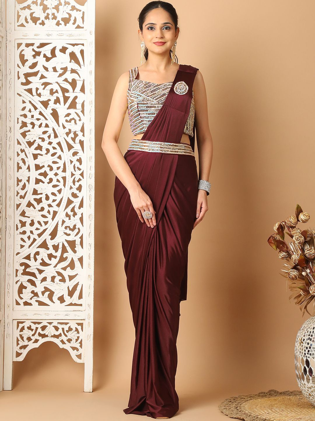 

Grancy Embellished Ready to Wear Leheriya Saree, Burgundy