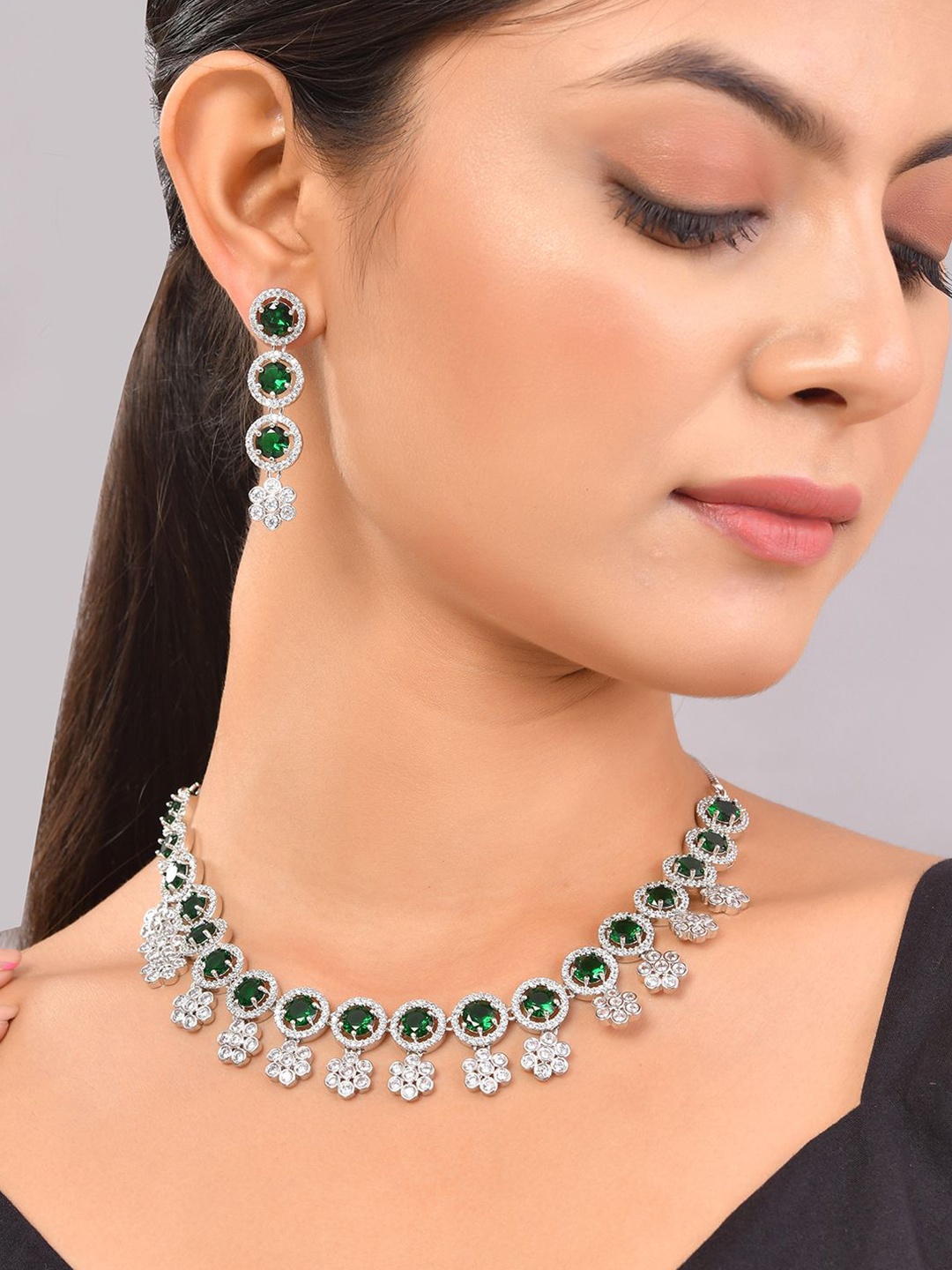 

Voylla Rhodium-Plated American Diamond Studded Jewellery Set, Silver