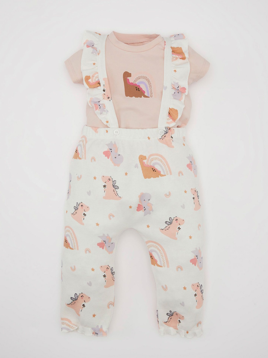 

DeFacto Girls Printed Pure Cotton Dungarees With T-Shirt, White