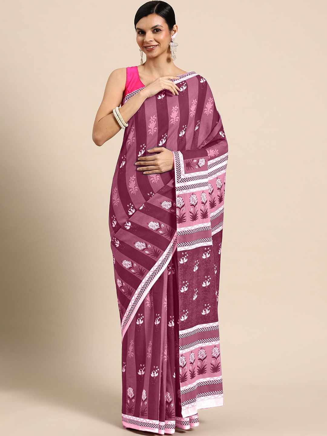 

BUTA BUTI Floral Printed Pure Cotton Saree, Pink