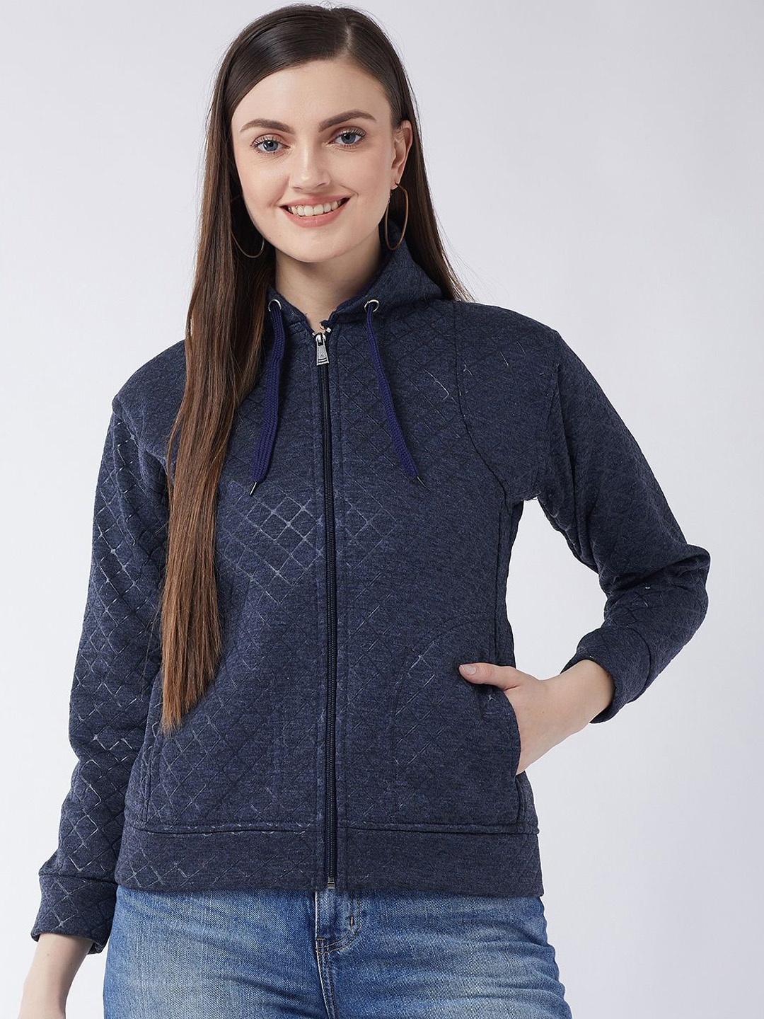 

PIVL Women Geometric Printed Windcheater Hooded Jacket, Blue