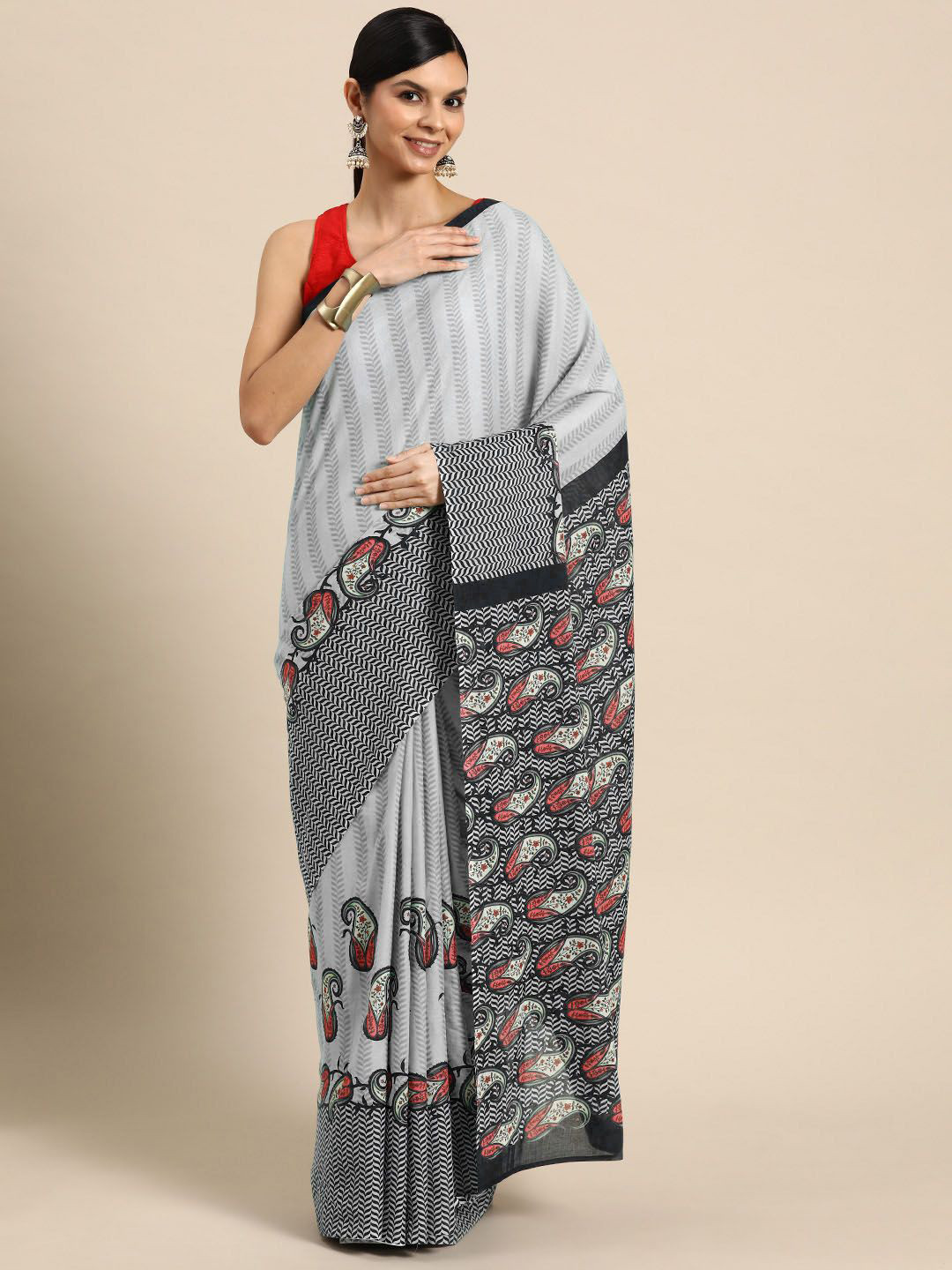 

BUTA BUTI Floral Printed Pure Cotton Saree, Red