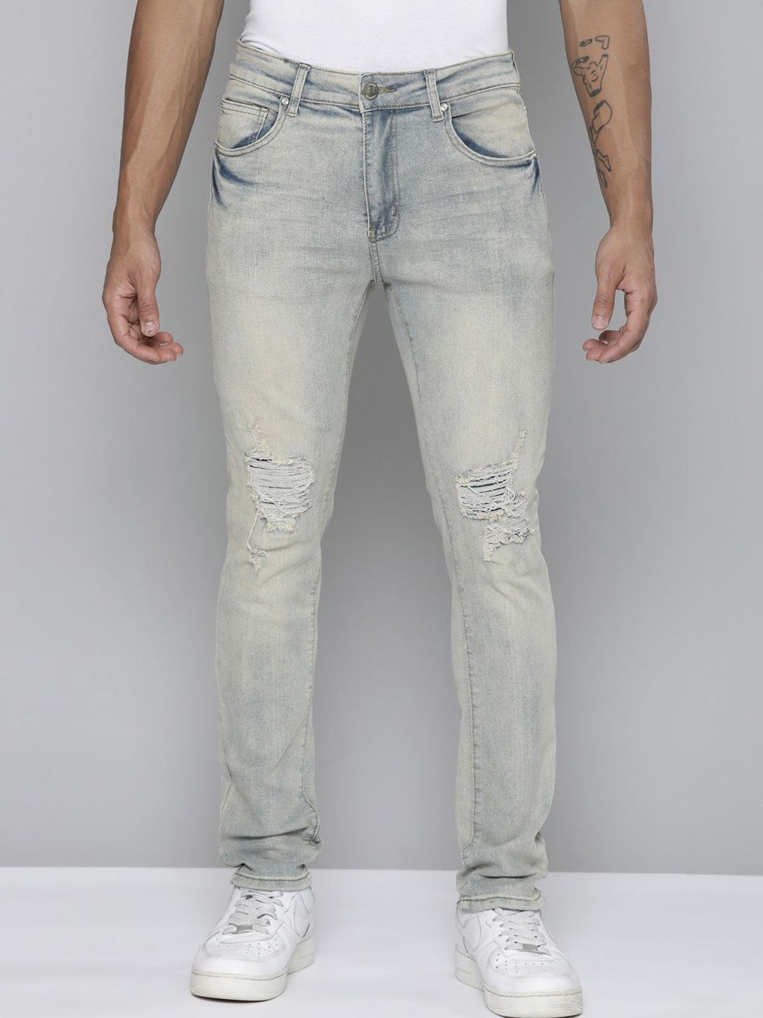 

WAIMEA Men Comfort Skinny Fit Mildly Distressed Heavy Fade Stretchable Jeans, Blue