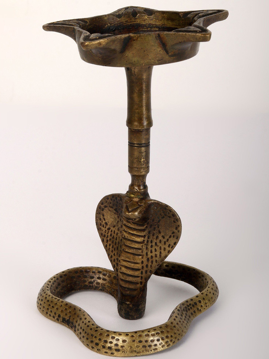 

Exotic India 6" Tribal Five Wicks Lamp on Snake in Brass, Brown