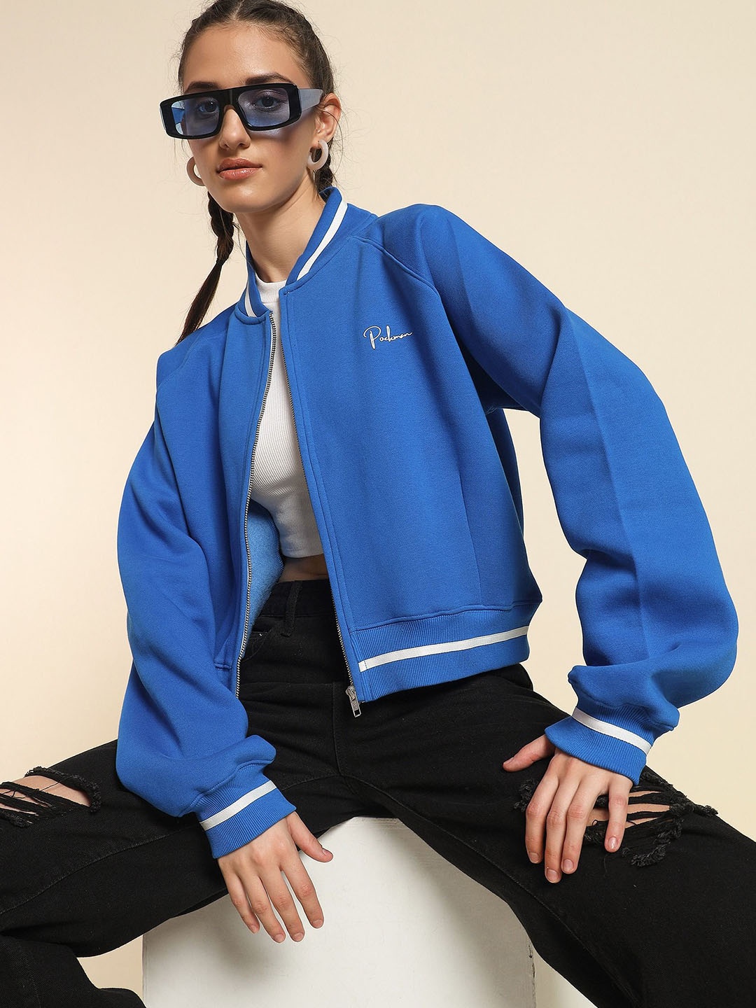 

PockMAN Women Solid Mock Collar Sweatshirt, Blue