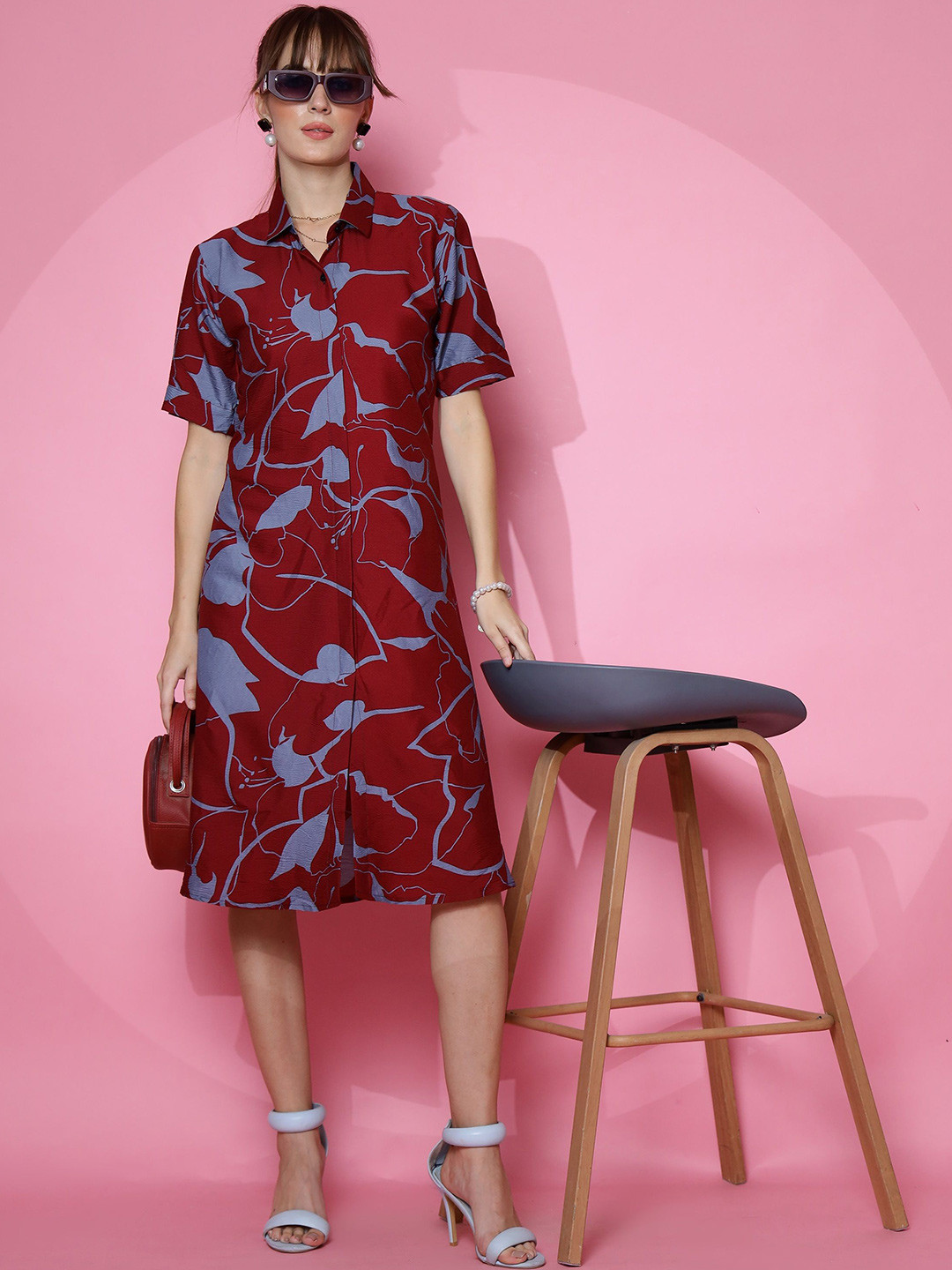 

SHEETAL Associates Floral Printed Crepe Shirt Midi Dress, Maroon