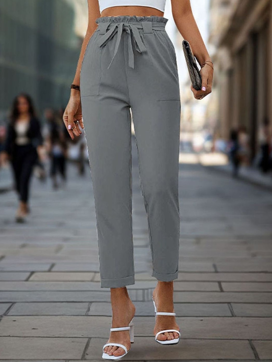 

KPOP Women Urban Slim Mid-Rise Slim Fit Trousers, Grey