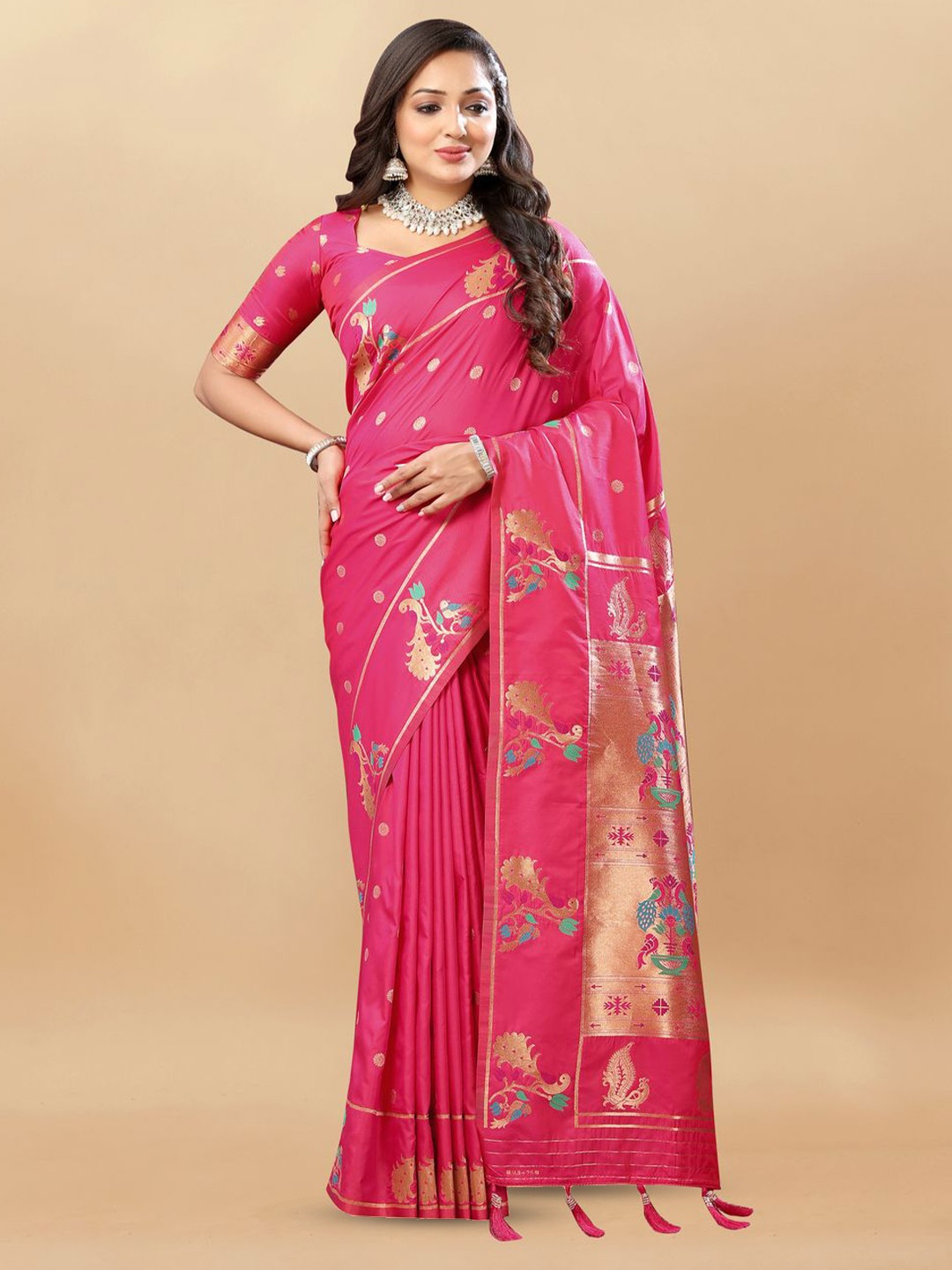 

MOKSHA DESIGNS Woven Design Zari Pure Silk Paithani Saree, Pink